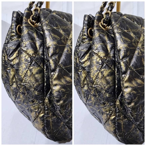 Authentic CHANEL Nylon Printed Quilted Accordion Flap Shoulder Bag Black/Gold - Picture 16 of 16